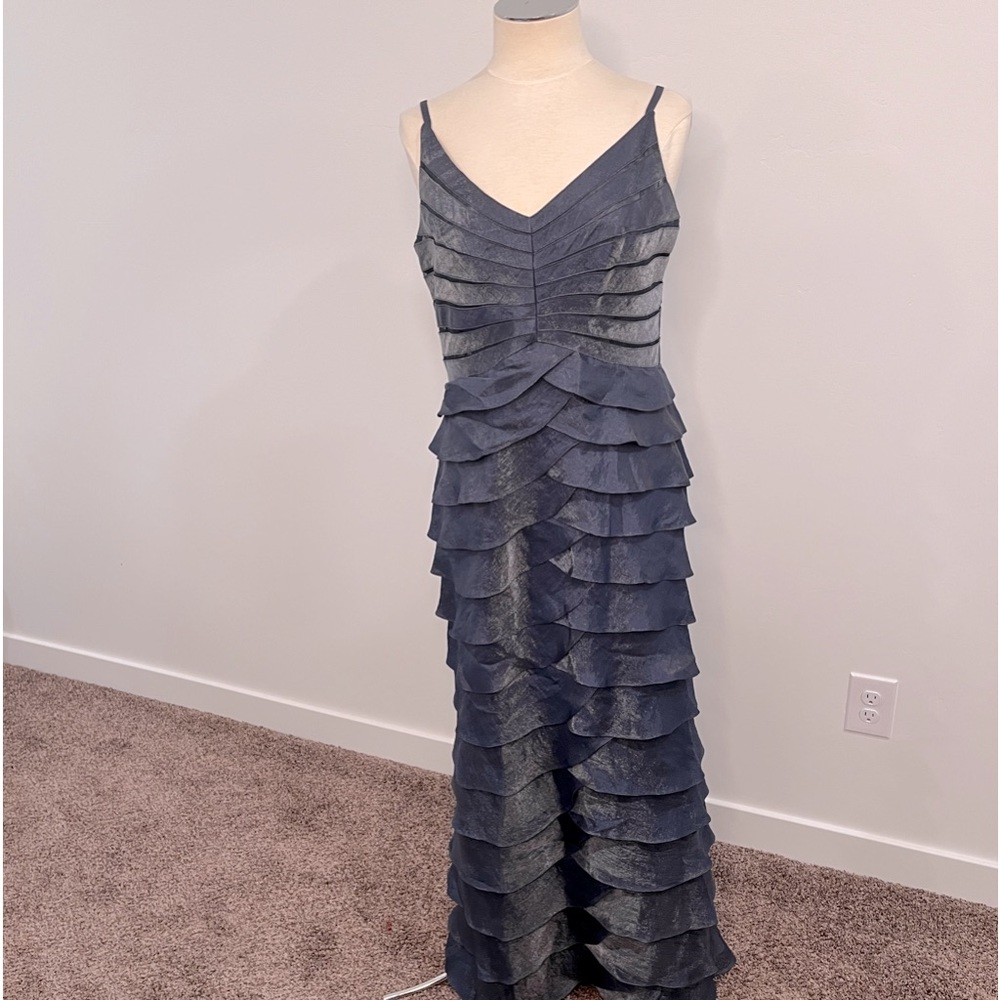 Adrianna Papell floor length midnight blue mermaid inspired event dress gown